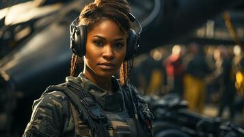 Female African American fighter pilot soldier stands outside her fighter jet - generative AI. photo