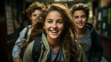 Happy and excited teenaged students walking down the hallway of their school - Generative AI. photo