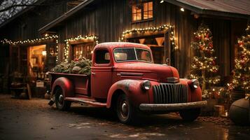 Clásico recoger camión que lleva un Navidad árbol estacionado fuera de festivamente decorado granero tienda. generativo ai. foto