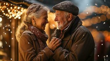 Romantic Senior Adult Couple Dancing Outdoors in the Street of a Christmas Decorated Village one Snowy Evening. Generative AI. photo