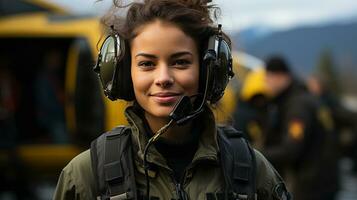 Female African American military helicopter pilot standing near her aircraft - generative AI. photo