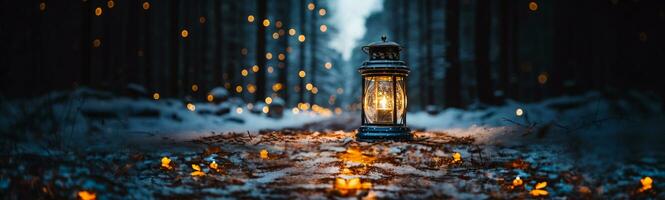 Warm and inviting lit vintage lantern resting on wood planks base outdoors In a winter setting. Generative AI. photo