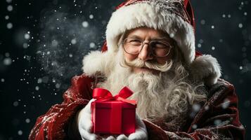 Santa Clause Holding a Red Wrapped Gift Box Outside in the Snow. Generative AI. photo