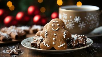 Navidad pan de jengibre hombre galletas en un pequeño plato Una niebla el decoraciones generativo ai. foto