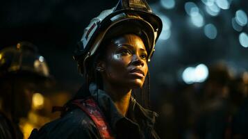 Female African American firefighter wearing protective helmet and gear at a fire incident - generative AI. photo