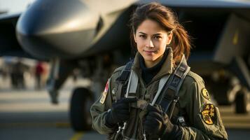 Mixed Race female fighter pilot soldier standing outside her military fighter jet - generative AI. photo