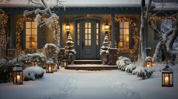 Beautiful Christmas decorated front door and porch of a house on a winter evening. Generative AI. photo