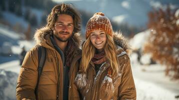 Young Happy Adult Couple Warmly Dressed Walking In The Snow on a Sunny Winter Day. photo