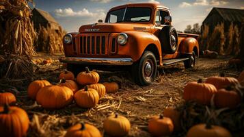 calabazas rodear un Clásico camión en un otoño granero país ajuste - generativo ai. foto