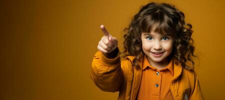 Happy young girl pointing to one side in front of a colorful background banner with copy space - generative AI. photo