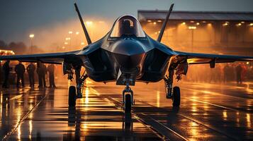 A Lockheed Martin F 35 Fighter Jet waiting on the runway. Generative AI. photo