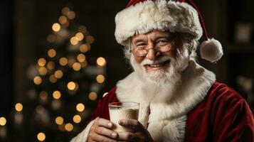 Papa Noel claus disfrutando su vaso de Leche siguiente a el Navidad árbol. generativo ai. foto