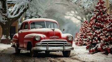 clásico Clásico coche estacionado fuera de el festivamente Navidad decorado tiendas generativo ai. foto