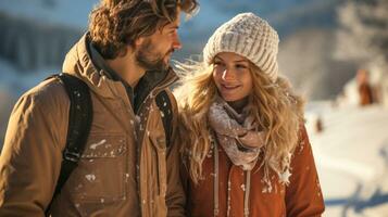 Young Happy Adult Couple Warmly Dressed Walking In The Snow on a Sunny Winter Day. photo