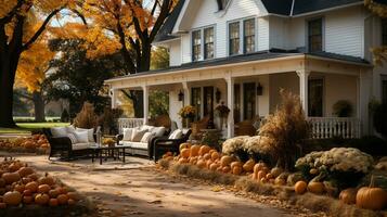 Fall and autumn beautifully decorated house porches with pumpkins, gourds and seating - generative AI. photo