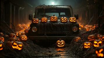 Spooky and fun collection of dozens of Halloween carved pumpkins surrounding and old scary truck outside in the moonlight on Hallows Eve - generative AI. photo