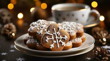 complemento de jengibre galletas en un pequeño plato Una niebla el Navidad decoraciones generativo ai. foto