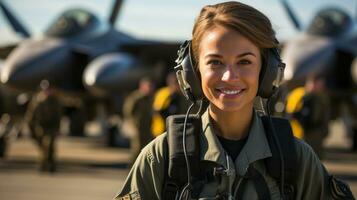 Mixed Race female fighter pilot soldier standing outside her military fighter jet - generative AI. photo