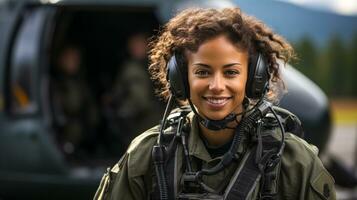 Female African American military helicopter pilot standing near her aircraft - generative AI. photo