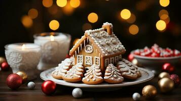 Christmas Gingerbread House and Treats on a Small Plate Amist the Decorations. Generative AI. photo