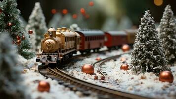 Miniature Locamotive Train Set In A Snowy Christmas Holiday Setting. Generative AI. photo