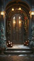 Beautiful Christmas decorated front door and porch of a house on a winter evening. Generative AI. photo