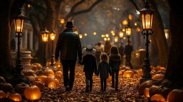 Spooky teenagers and children dressed up for Halloween walking down the sidewalk together - generative AI. photo