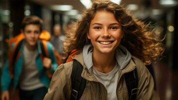 Happy and excited teenaged students walking down the hallway of their school - Generative AI. photo