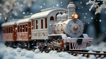 miniatura locomotora tren conjunto en un Nevado Navidad fiesta ajuste. generativo ai. foto