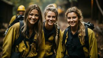 Female Multiethnic firefighters working in the field - generative AI. photo