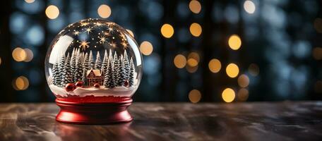 Navidad nieve globo con pino arboles y cabina en un madera superficie bandera. generativo ai. foto