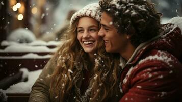 Festive Young Couple Wearing Santa Hats Laughing Together In the Snowy Evening. Generative AI. photo