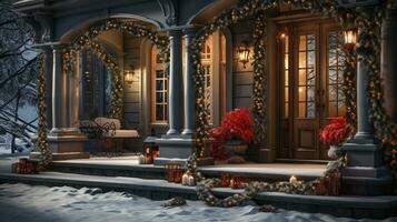 Beautiful Christmas decorated front door and porch of a house on a winter evening. Generative AI. photo