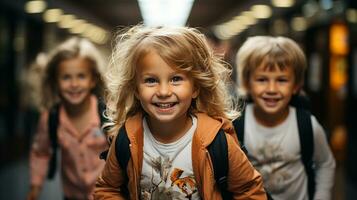 Excited young children laughing and running down the hallway of thier school - Generative AI. photo