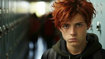 Sinister looking young male student who could be the bully of the school - Generative AI. photo