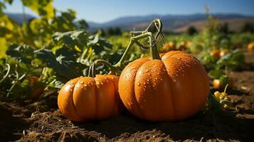 Ripe pumpkins on the ground in the pumpkin patch farm dirt - generative AI. photo