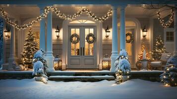 Beautiful Christmas decorated front door and porch of a house on a winter evening. Generative AI. photo