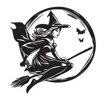 Silhouette of a witch on a broom cartoon Halloween sketch Vector illustration