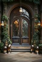 Beautiful Christmas decorated front door and porch of a house on a winter evening. Generative AI. photo