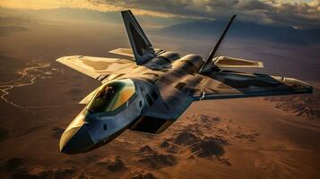 A Lockheed Martin F 35 Fighter Jet flying high in the air. Generative AI. photo