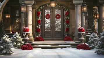 Beautiful Christmas decorated front door and porch of a house on a winter evening. Generative AI. photo