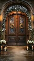 Beautiful Christmas decorated front door and porch of a house on a winter evening. Generative AI. photo