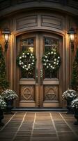 Beautiful Christmas decorated front door and porch of a house on a winter evening. Generative AI. photo