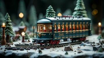 Model Miniature Troller Train Set and Snowy Christmas Decorated Town Setting. Generative AI. photo