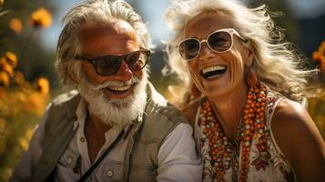 Laughing Senior Couple Having Fun Together Outdoors. Generative AI. photo