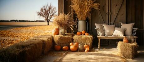 Fall and autumn beautifully decorated barn sitting area with pumpkins, gourds and seating - generative AI. photo