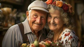 Affectionate Senior Couple Outdoor Portrait Wearing Warm Christmas Holiday Attire. Generative AI. photo