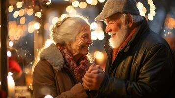 Romantic Senior Adult Couple Dancing Outdoors in the Street of a Christmas Decorated Village one Snowy Evening. Generative AI. photo