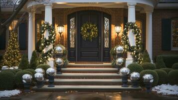 Beautiful Christmas decorated front door and porch of a house on a winter evening. Generative AI. photo