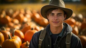Young adult male farmer wearing cowboy hat standing outdoors near his pumpkin patch harvest - generative AI. photo